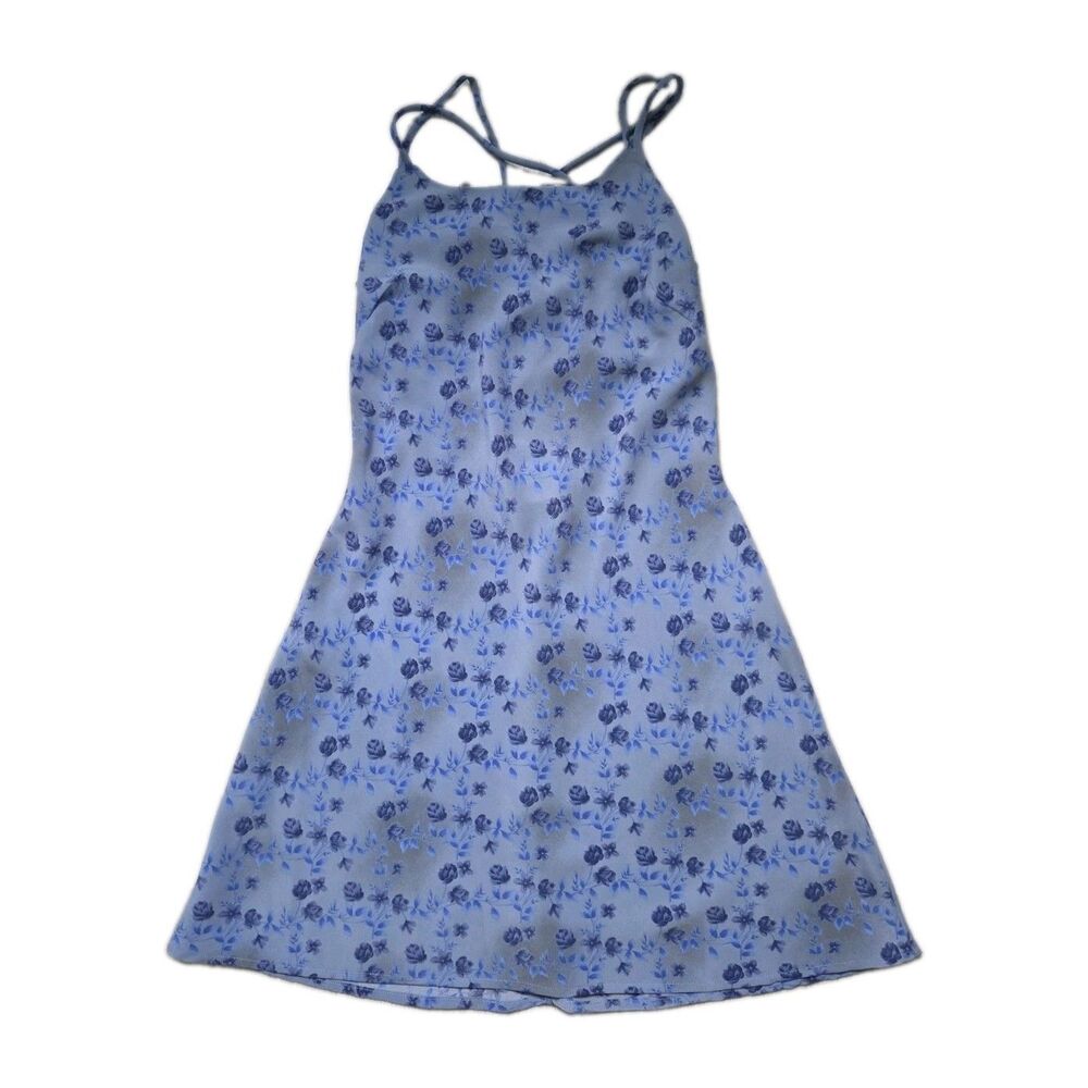 VTG Y2K DBY Blue Floral Slip Dress Lace Up Back Spaghetti Strap Mini Women 3 EUC